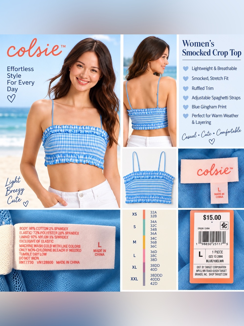 NWT Colsie Women's Blue & White Gingham Woven Bandeau Bralette